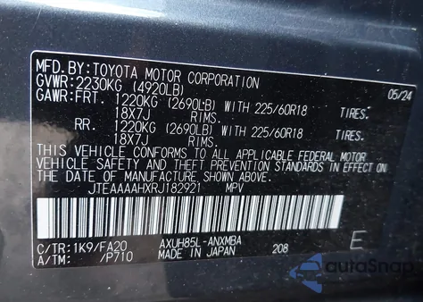 2024 Toyota Venza Le z USA, uszkodzony, nr VIN JTEAAAAHXRJ182921